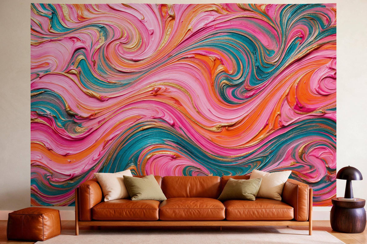 Wall decor in a cosy living room above the leather sofa: printed fabric tapestry Psychedelic Waves in Oil Paint