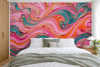 Tapiz de pared grande Olas psicodélicas al óleo en el dormitorio, cubriendo la pared detrás de la cama – tela impresa