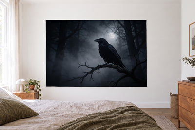 Raven in the Dark Forest tapestry in a bright bedroom opposite the bed, a wooden dresser on the right – black and grey
