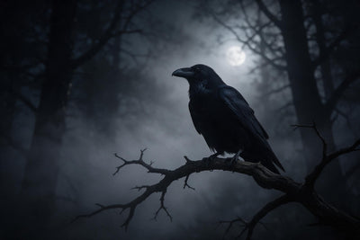 Black raven on a bare branch before the full moon in a misty dark forest, tapestry printed on fabric – black, fog grey