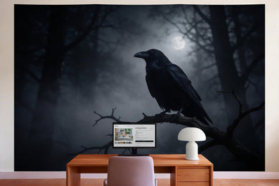Wall decor in a home office behind the desk: printed fabric tapestry Raven in the Dark Forest