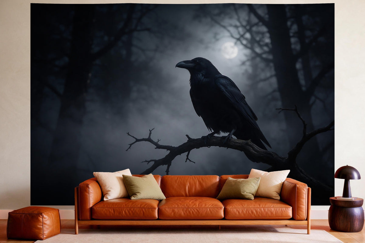 XXL wall tapestry Raven in the Dark Forest as wall decor in a cosy living room above the leather sofa