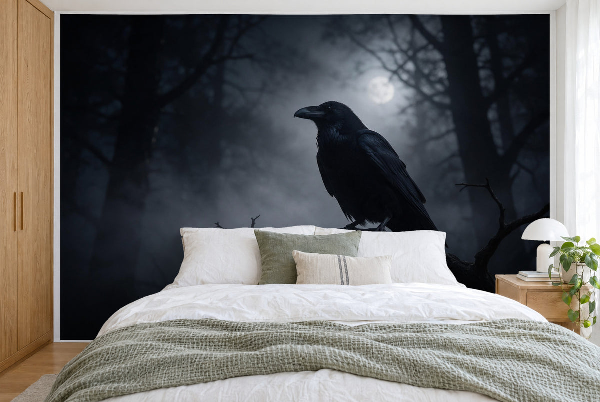 Large wall hanging Raven in the Dark Forest in the bedroom, wall-filling behind the bed – printed tapestry