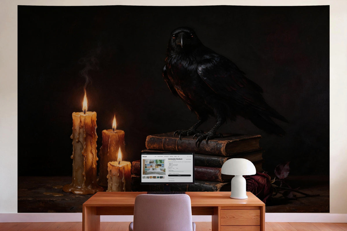 Wall decor in a home office behind the desk: printed fabric tapestry Raven in Candlelight in Oil