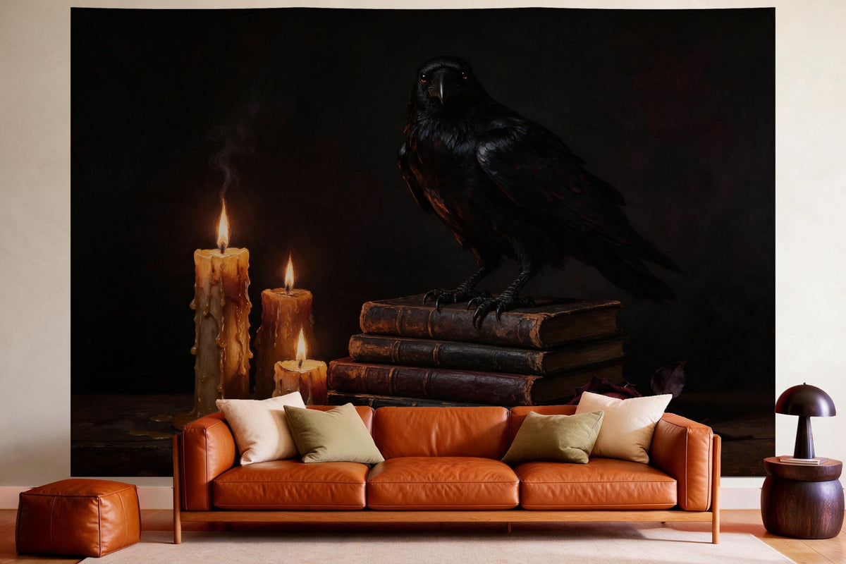 XXL wall tapestry Raven in Candlelight in Oil as wall decor in a cosy living room above the leather sofa
