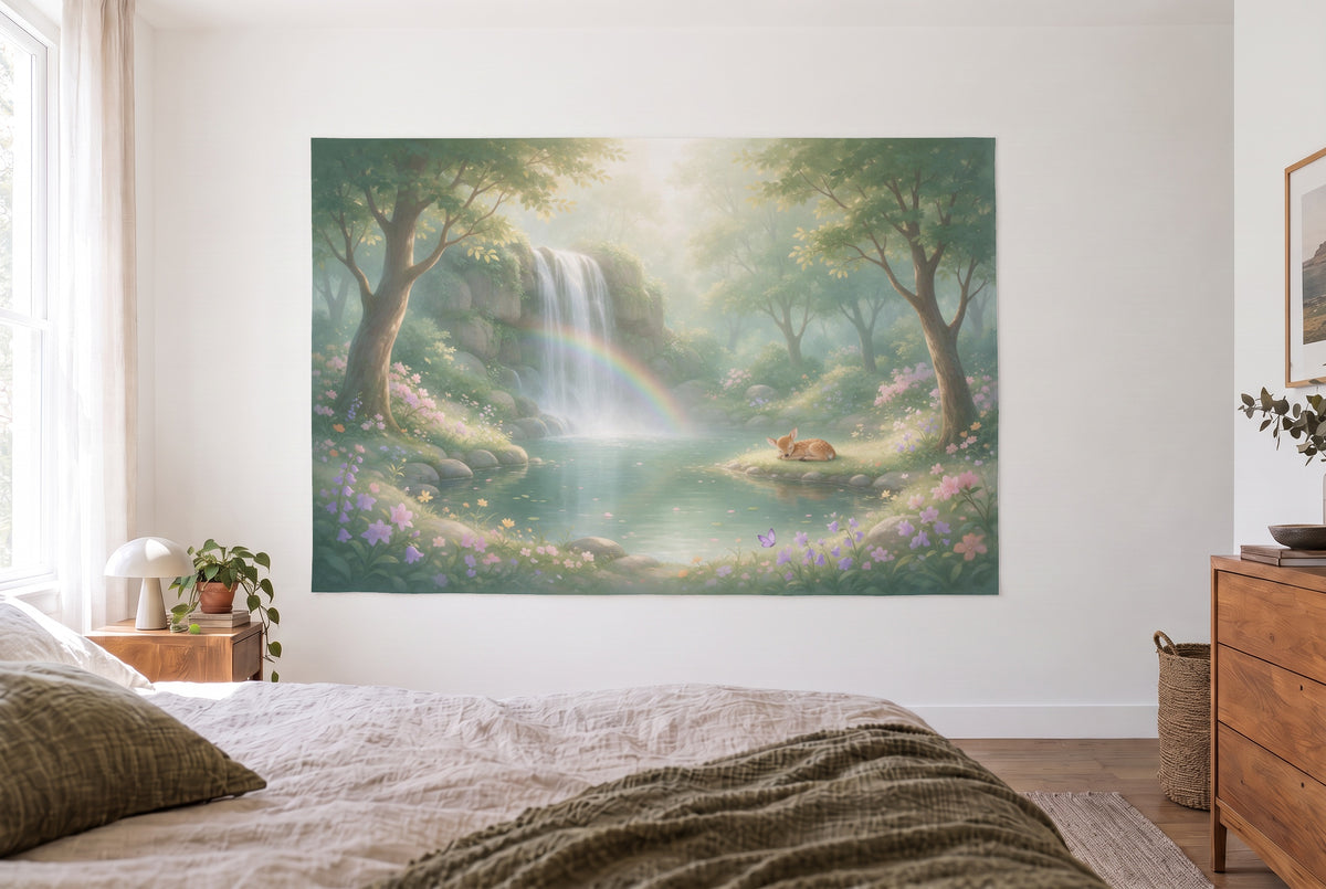 Tenture cascade arc-en-ciel dans la forêt enchantée, chambre claire face au lit, commode en bois à droite