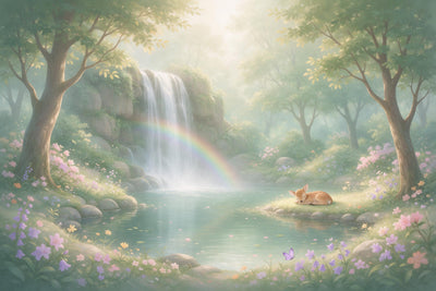 Cascade avec arc-en-ciel au-dessus d'un étang en forêt, faon endormi à droite, tenture murale imprimée sur tissu – vert