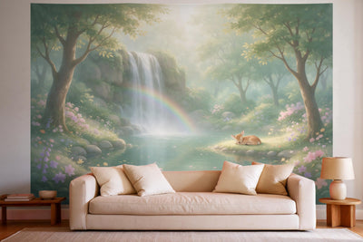 Wanddeko im hellen Wohnzimmer über dem Sofa: Wandtuch Regenbogen-Wasserfall im Märchenwald, auf Stoff gedruckt
