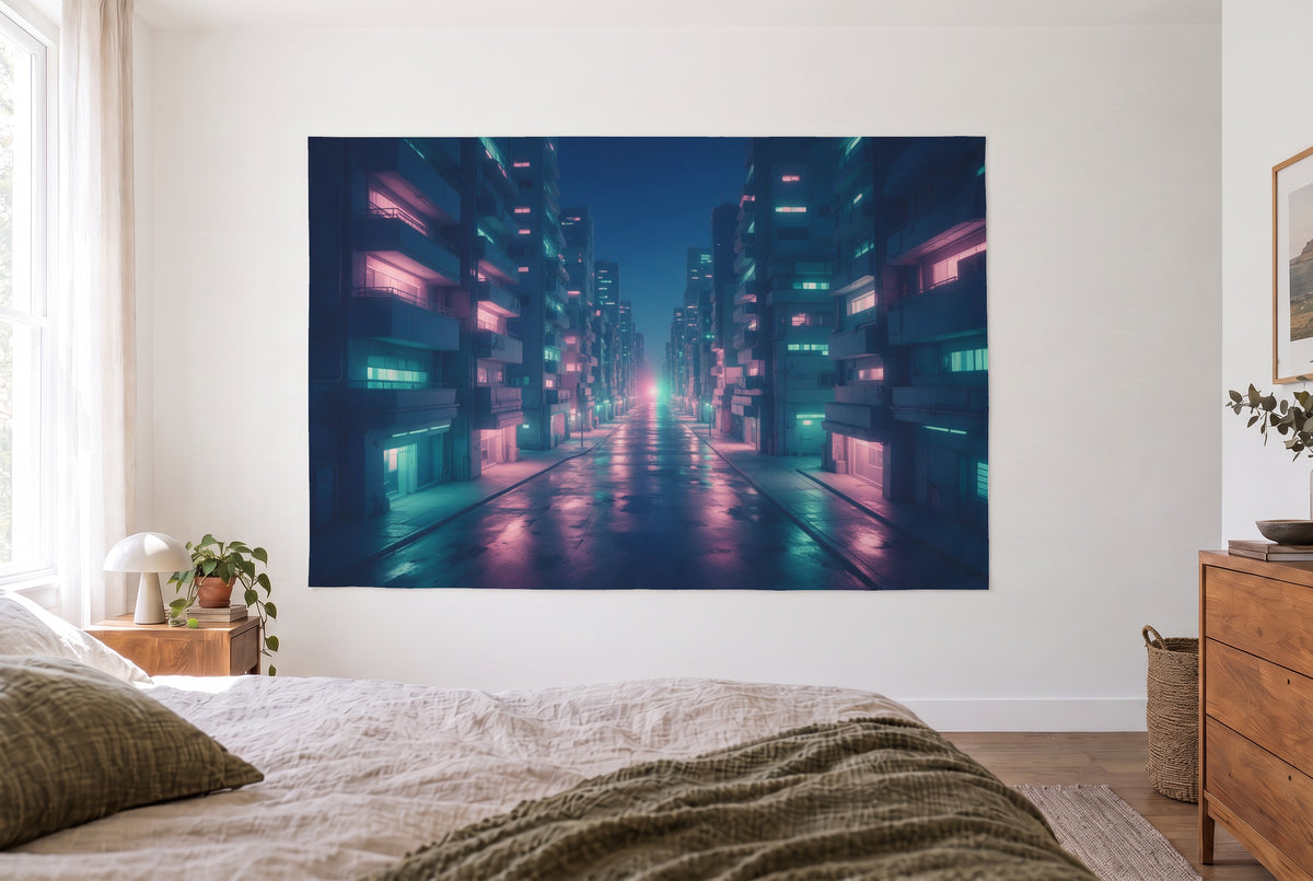 Rain-Soaked Cyberpunk Street tapestry in a bright bedroom opposite the bed, wooden dresser on the right – navy blue and pink