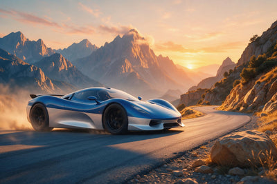 Voiture de course bleu-argent à gauche, route de montagne sinueuse, sommets dorés le soir, tenture murale imprimée sur tissu