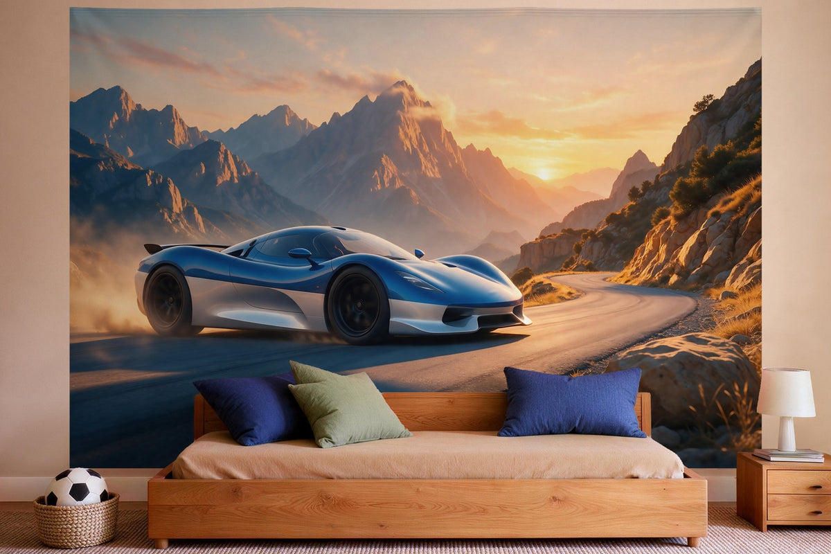 Tapiz de pared XXL Coche de carreras en las montañas como decoración en un dormitorio de niño