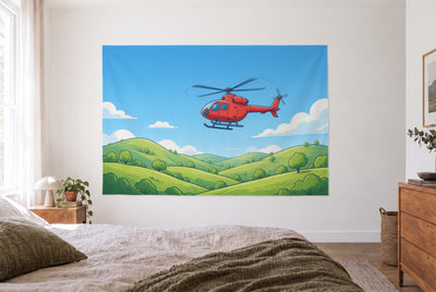 Wandtuch Rettungshubschrauber im Einsatz im hellen Schlafzimmer gegenüber dem Bett, rechts eine Holzkommode – Rot und Grün