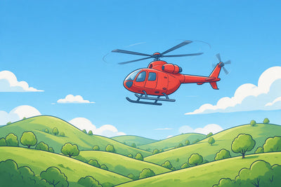 Roter Rettungshubschrauber über grünen Hügeln unter blauem Himmel, als Wandtuch, auf Stoff gedruckt – Rot und Blau