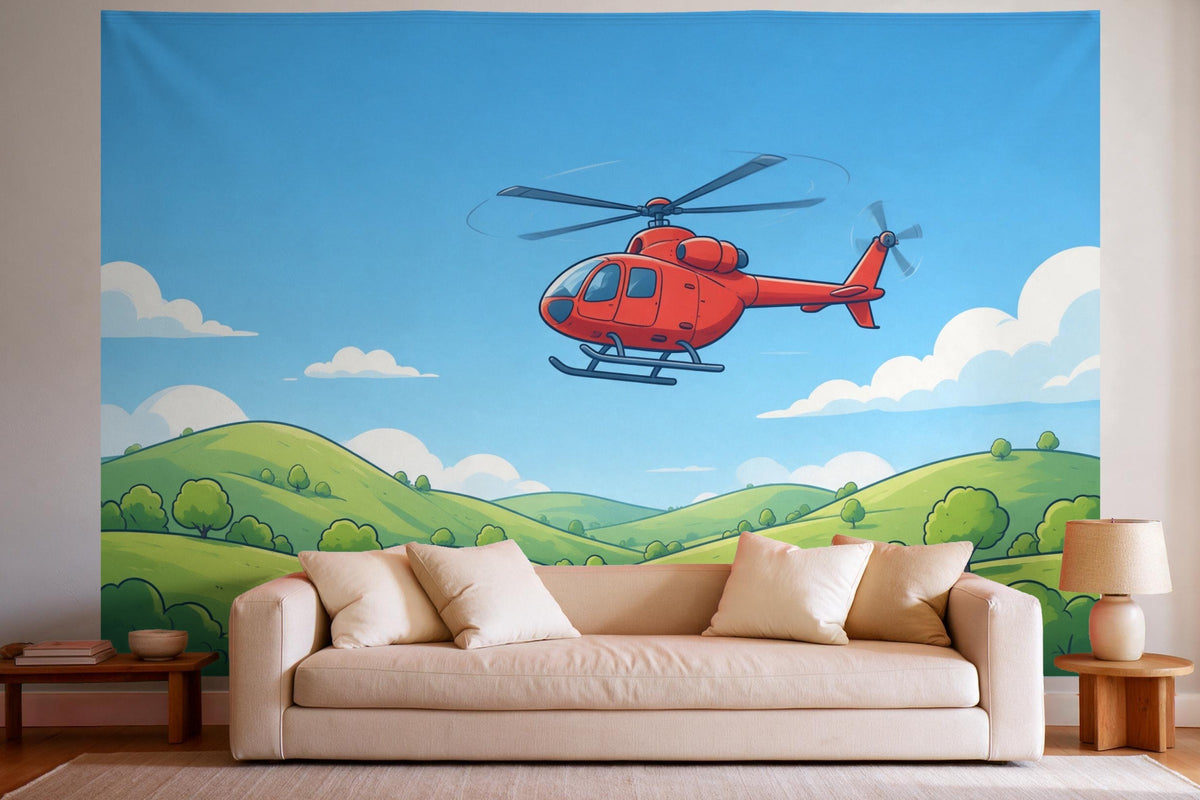 Wanddeko im hellen Wohnzimmer über dem Sofa: Wandtuch Rettungshubschrauber im Einsatz, auf Stoff gedruckt