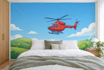 Bedruckter Stoff im XXL-Format: roter Hubschrauber oben rechts der Mitte, darunter grüne Hügel, wandfüllend hinter dem Bett