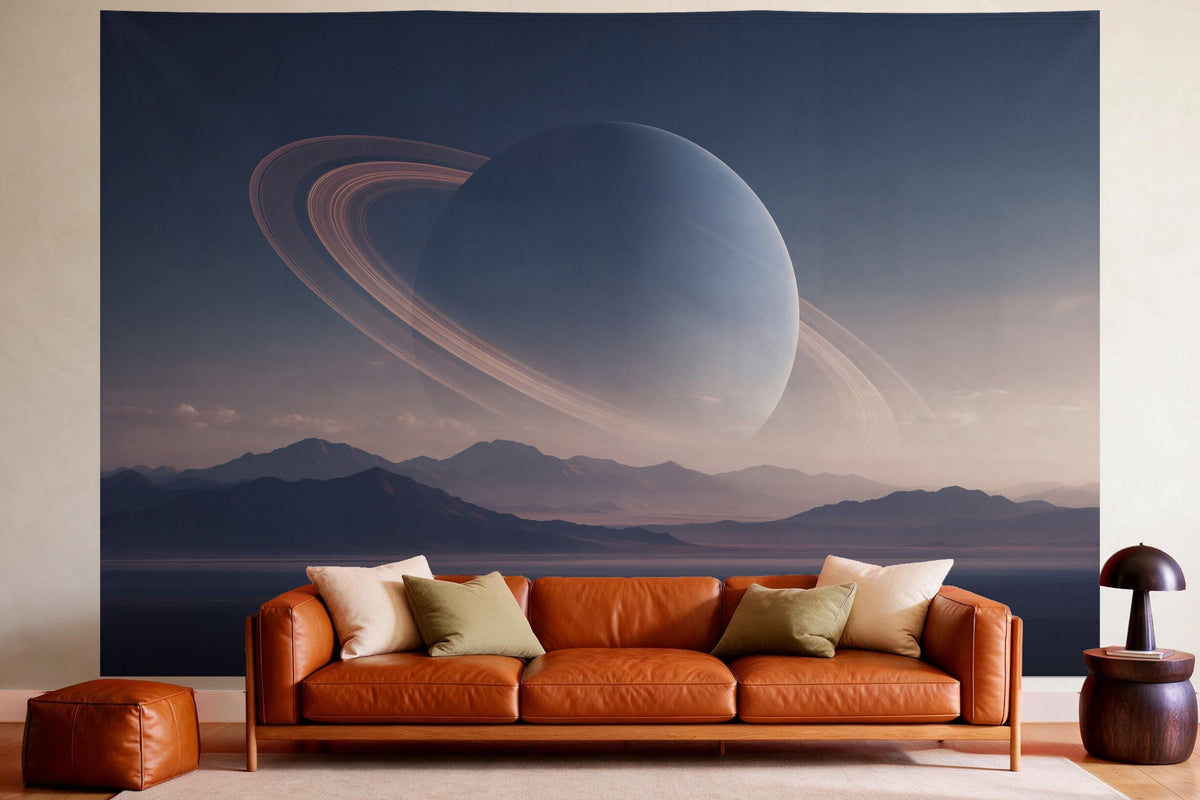 Decoración de pared en un salón acogedor sobre el sofá de cuero: tapiz de tela Planeta en el horizonte