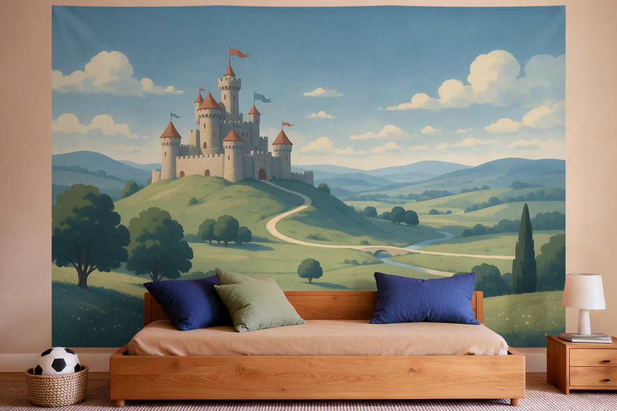 Tapiz de pared XXL Castillo de caballeros estilo libro ilustrado como decoración en un dormitorio de niño