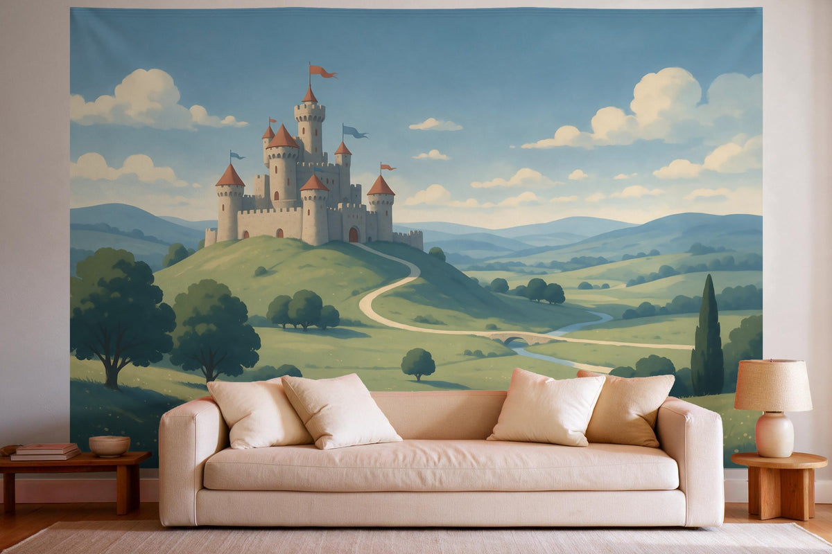 Decoración de pared en un salón luminoso sobre el sofá: tapiz de tela Castillo de caballeros estilo libro ilustrado