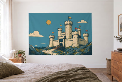 Wandtuch Ritterburg im Comic-Stil im hellen Schlafzimmer gegenüber dem Bett, rechts eine Holzkommode – Gelb und Blau