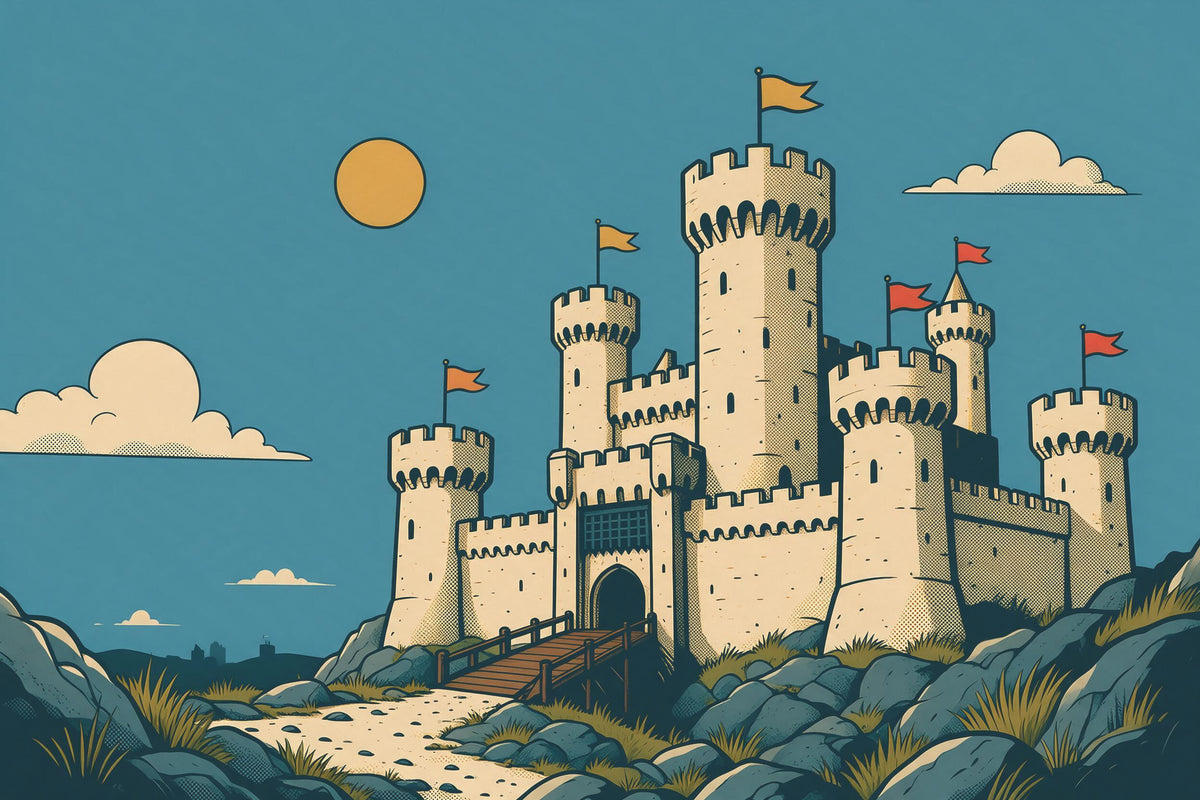 Comic-Ritterburg mit Zinnen, Zugbrücke und Wimpeln von unten als Wandtuch, auf Stoff gedruckt – Gelb und Blau
