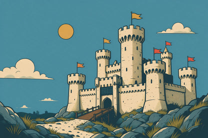 Comic-Ritterburg mit Zinnen, Zugbrücke und Wimpeln von unten als Wandtuch, auf Stoff gedruckt – Gelb und Blau