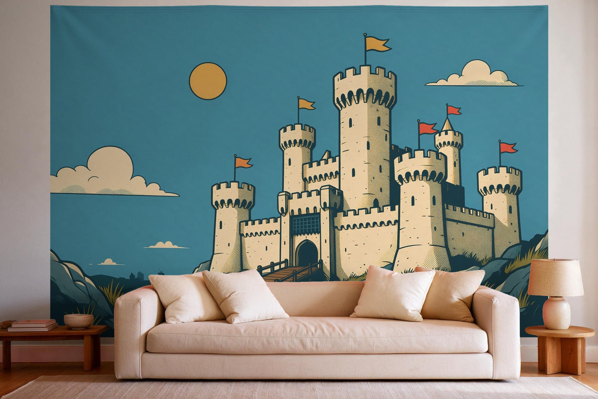 Wall decor in a bright living room above the sofa: printed fabric tapestry Knight's Castle in Comic Style