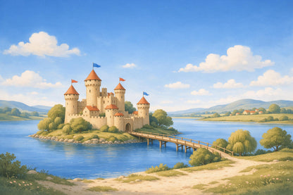 Castillo de caballeros con torres redondas y banderines coloridos en isla del lago, tapiz impreso en tela – azul y rojo