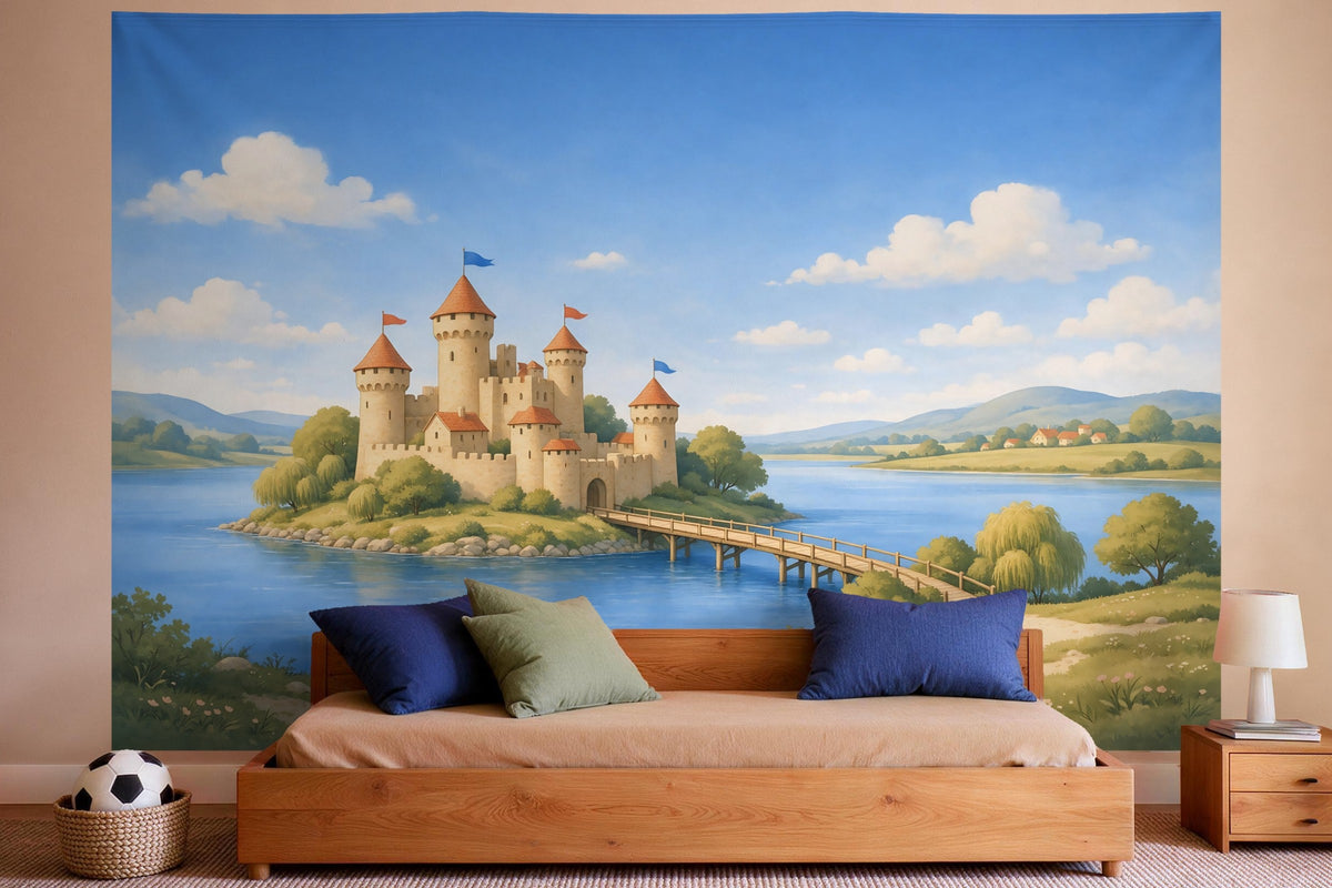 Tapiz de pared XXL Castillo de caballeros en el lago como decoración en un dormitorio de niño