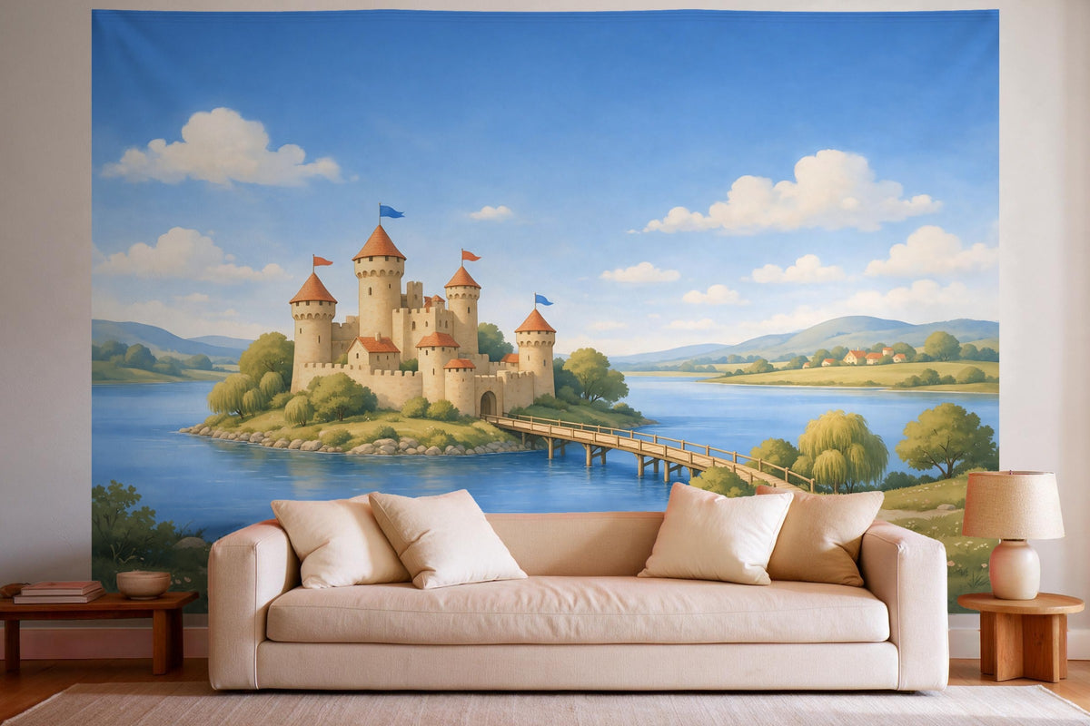 Decoración de pared en un salón luminoso sobre el sofá: tapiz de tela Castillo de caballeros en el lago