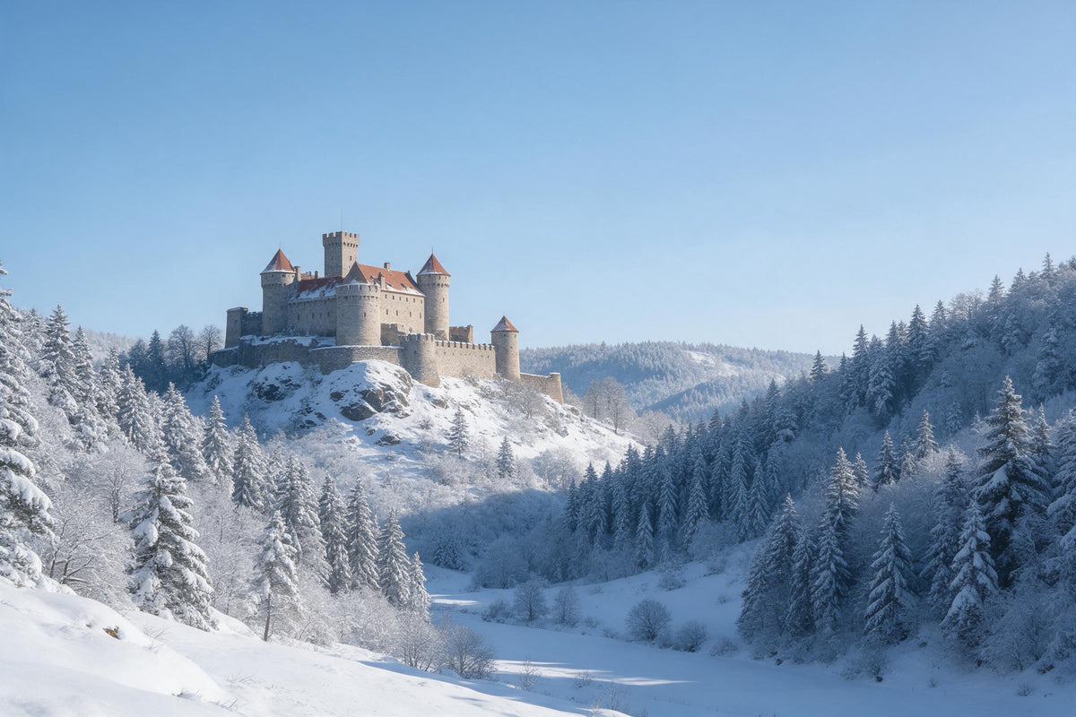 Ritterburg mit Türmen und roten Dächern auf verschneitem Felsen, als Wandtuch, auf Stoff gedruckt – Weiss, Blau und Rot