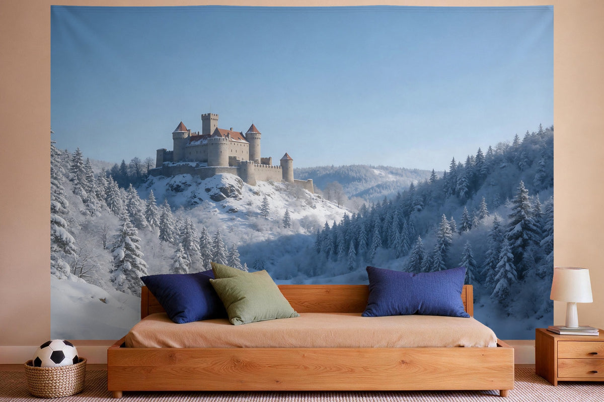 Tapiz de pared XXL Castillo de caballeros en invierno como decoración en un dormitorio de niño