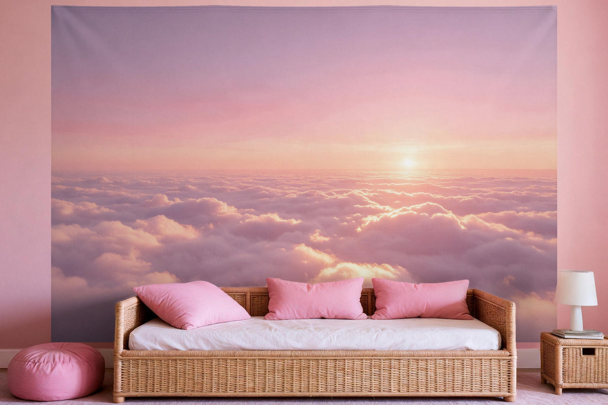 Tapiz de pared XXL Mar de nubes rosa como decoración en un dormitorio de niña