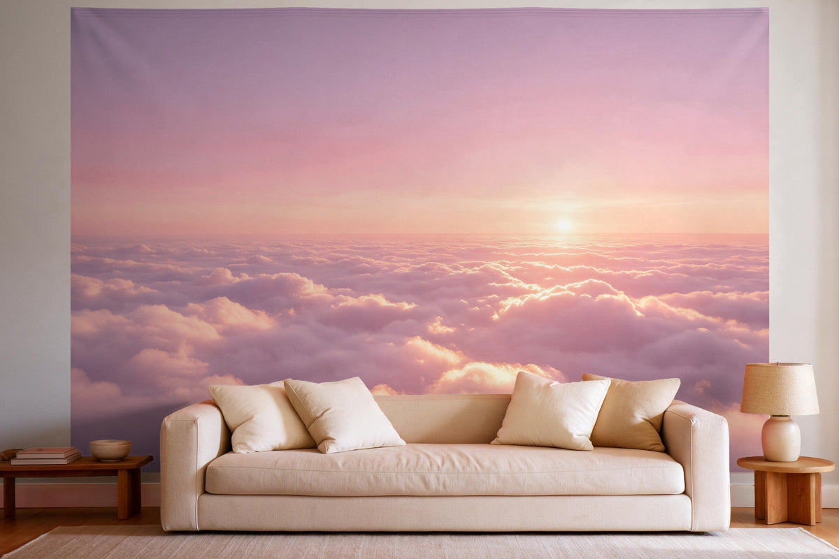 Decoración de pared en un salón luminoso sobre el sofá: tapiz de tela Mar de nubes rosa