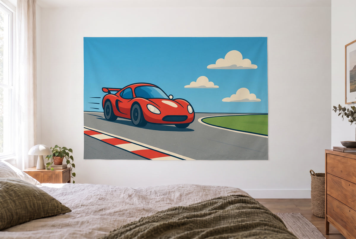 Tapiz coche de carreras rojo en el circuito, dormitorio claro frente a la cama, cómoda de madera a la derecha – rojo y azul