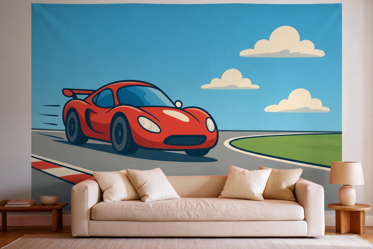 Wanddeko im hellen Wohnzimmer über dem Sofa: Wandtuch Rotes Rennauto auf der Rennstrecke, auf Stoff gedruckt