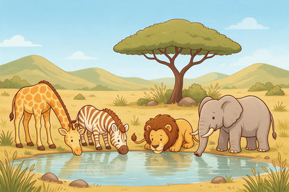 Safari-Tiere am Wasserloch unter einer Schirmakazie, links Giraffe und Zebra, als Wandtuch, auf Stoff gedruckt – Gelb, Grün