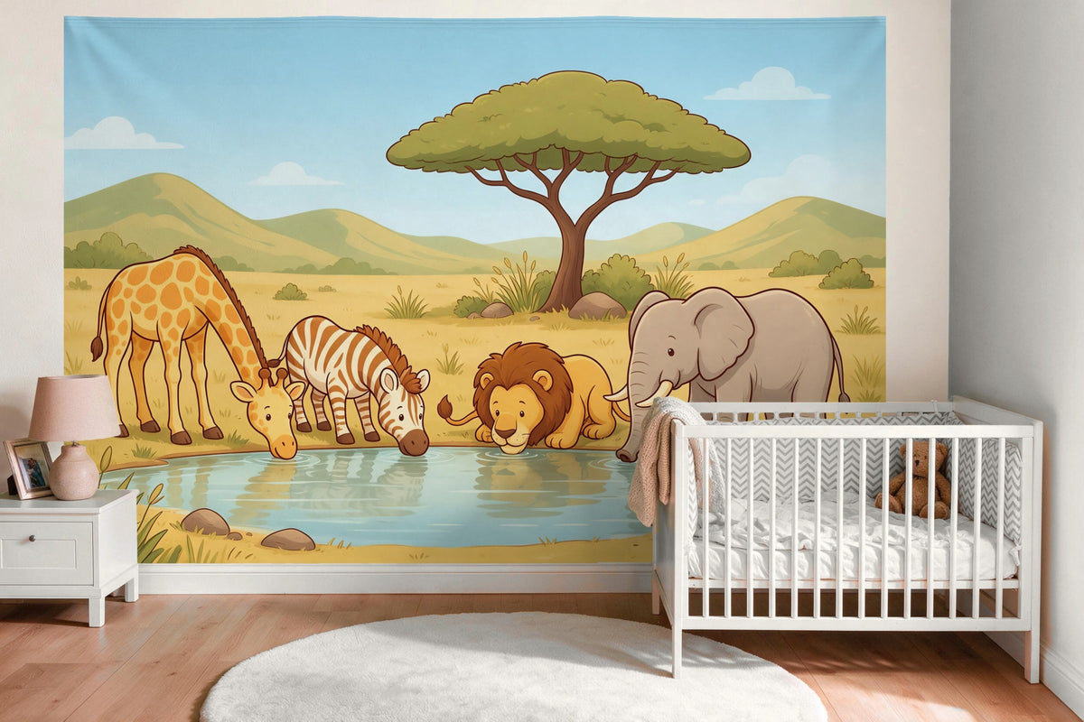 Wandtuch XXL Safari-Tiere am Wasserloch als Wanddeko im Babyzimmer über dem Babybett