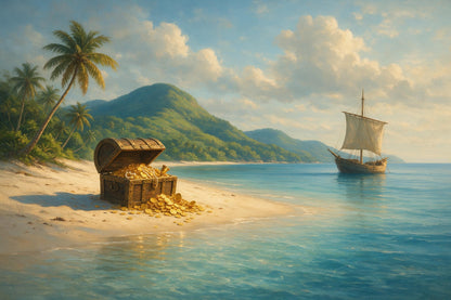 Piraten-Schatzinsel: Schatztruhe voller Gold am Palmenstrand, rechts ein Segelschiff, als Wandtuch, auf Stoff gedruckt – Gold
