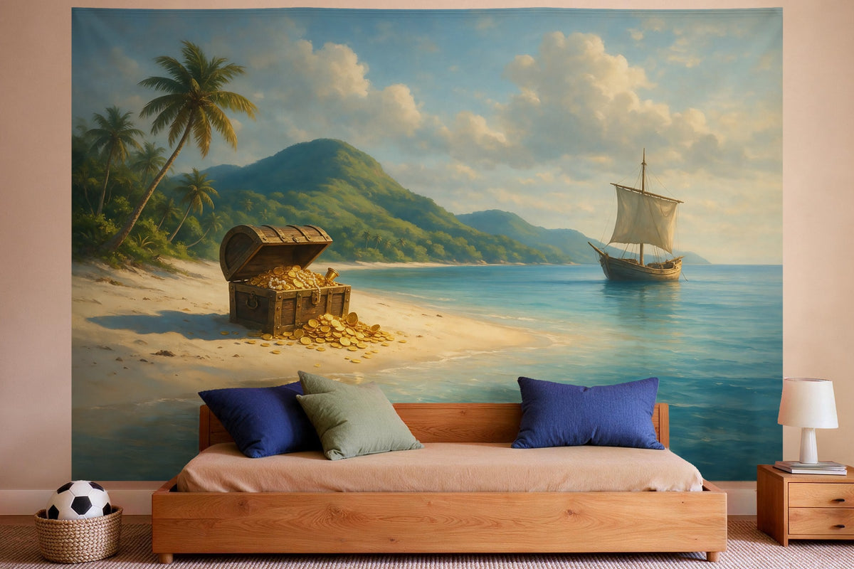 Tapiz de pared XXL Isla del tesoro al óleo como decoración en un dormitorio de niño