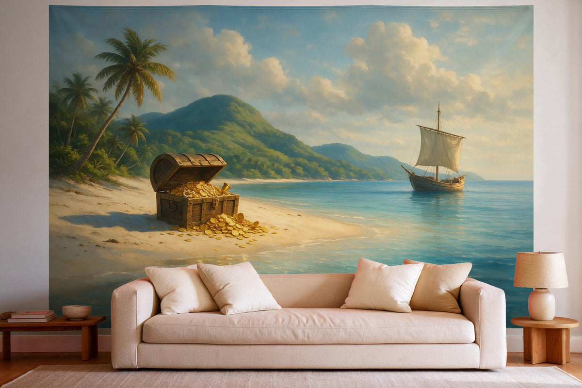 Decoración de pared en un salón luminoso sobre el sofá: tapiz de tela Isla del tesoro al óleo