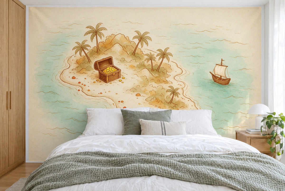 Bedruckter Stoff im XXL-Format: Schatztruhe links auf der Insel, rechts Segelschiff, wandfüllend hinter dem Bett