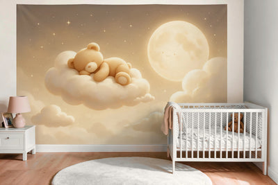 Tapiz de pared XXL Osito dormido en una nube como decoración en la habitación del bebé sobre la cuna