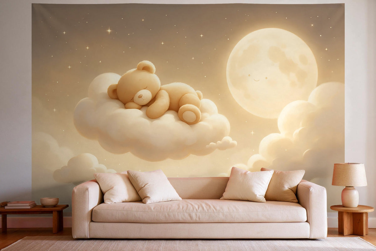 Déco murale dans un salon lumineux au-dessus du canapé : tenture murale Ourson endormi sur un nuage, imprimée sur tissu