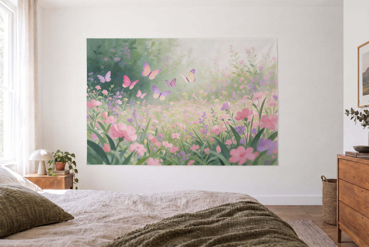 Wandtuch Schmetterlinge über der Blumenwiese im hellen Schlafzimmer gegenüber dem Bett, rechts Holzkommode – Rosa