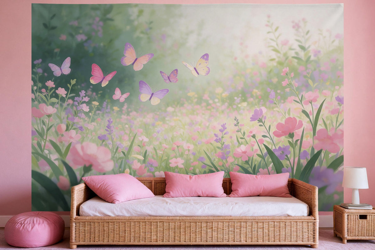 Tapiz de pared XXL Mariposas sobre el prado de flores como decoración en un dormitorio de niña