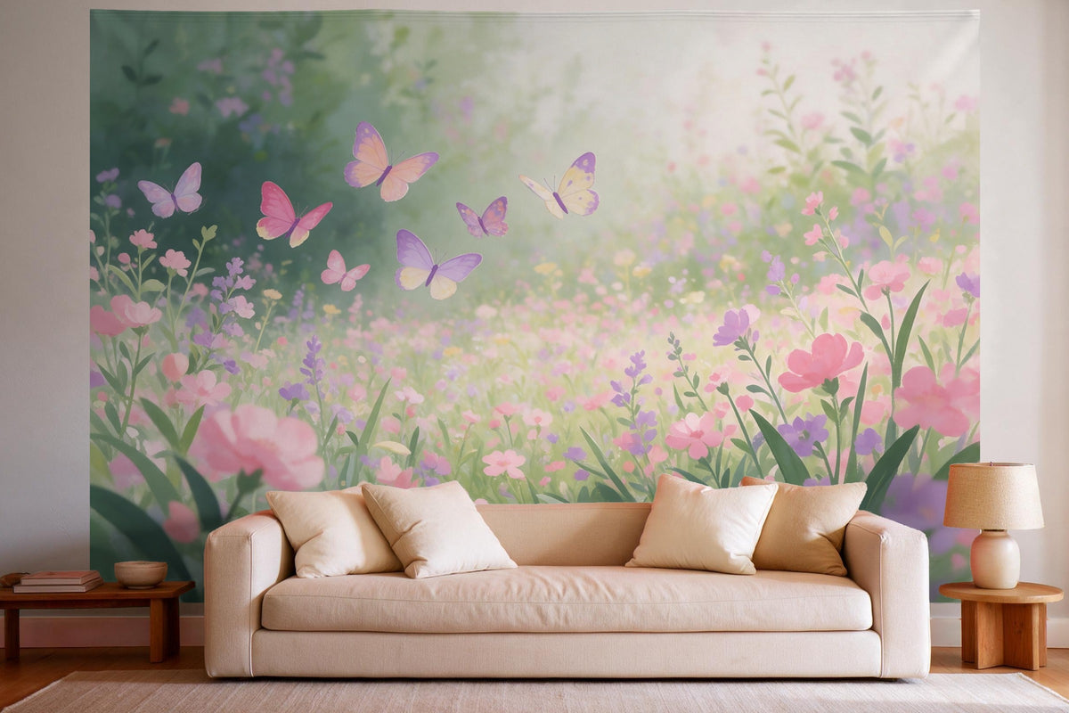 Decoración de pared en un salón luminoso sobre el sofá: tapiz de tela Mariposas sobre el prado de flores