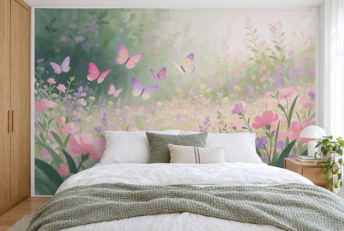 Bedruckter Stoff im XXL-Format: bunte Schmetterlinge über rosa Blumenwiese, wandfüllend hinter dem Bett