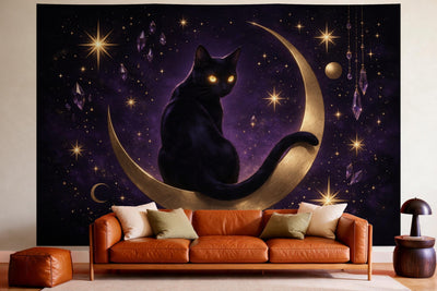 XXL wall tapestry Black Cat with Crescent Moon as wall decor in a cosy living room above the leather sofa