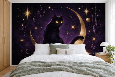 Large wall hanging Black Cat with Crescent Moon in the bedroom, wall-filling behind the bed – printed tapestry