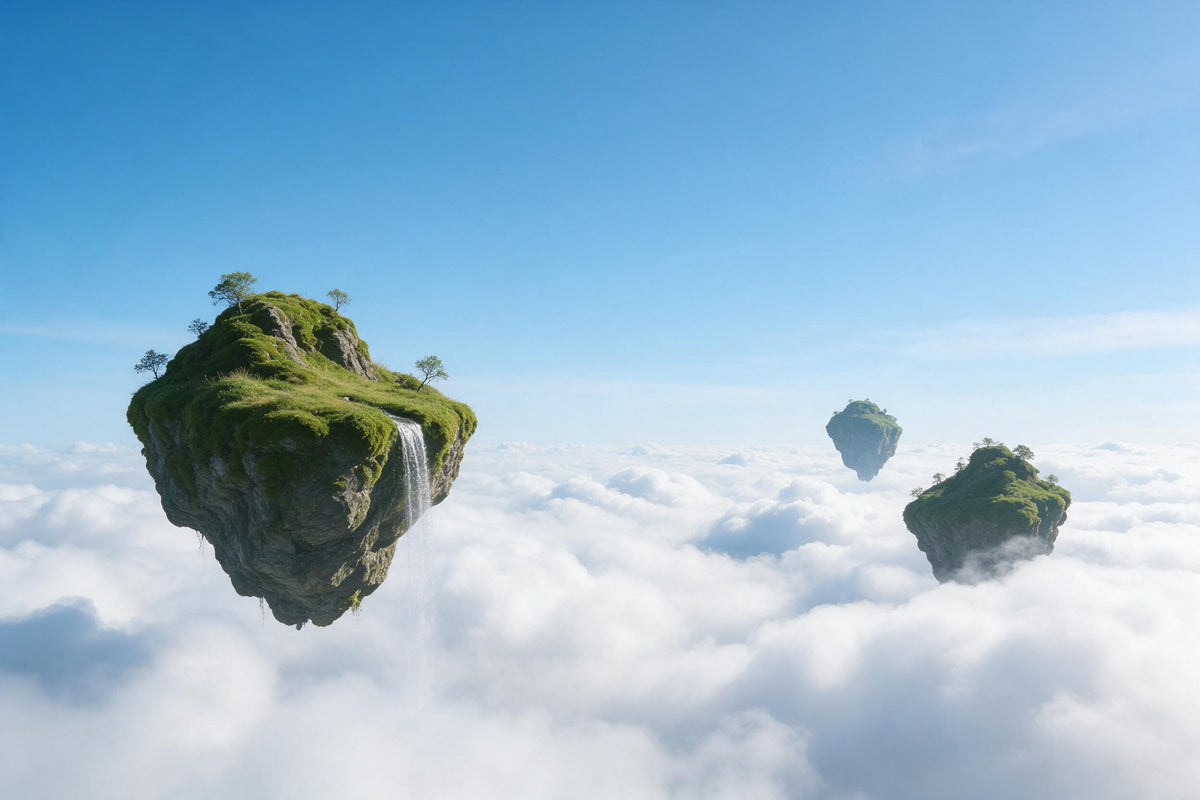Floating fantasy islands with waterfall at left above a white sea of clouds, tapestry printed on fabric – green and blue